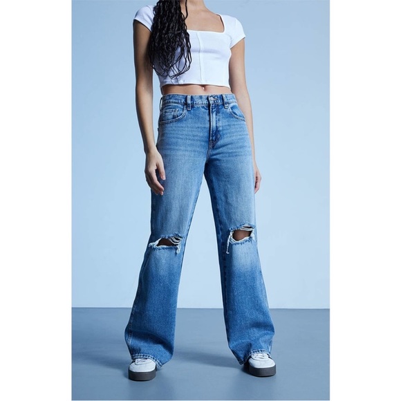 PacSun Denim - PacSun Medium Blue High Rise Ripped Baggy Jeans Women's 26 NWOT